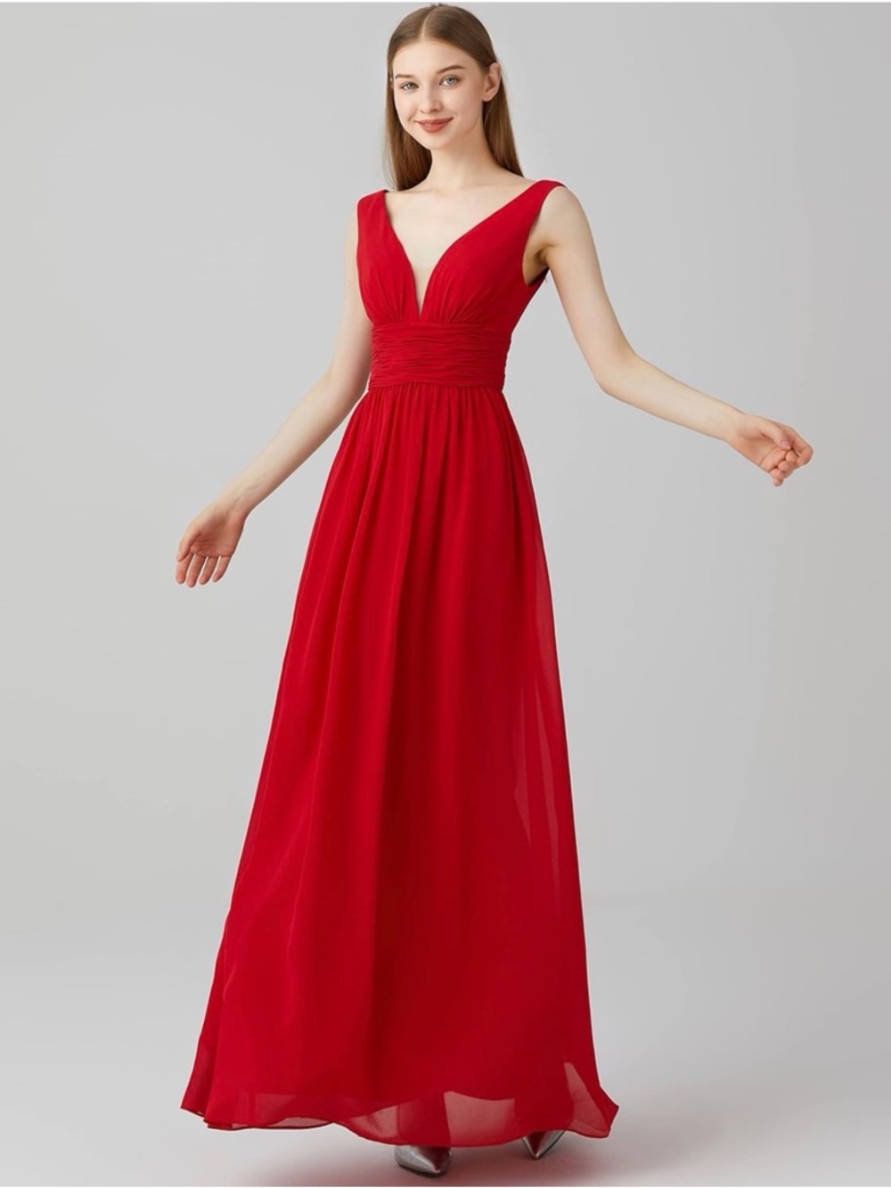 Elegant Red Maxi Dress with Plunging V-Neck
